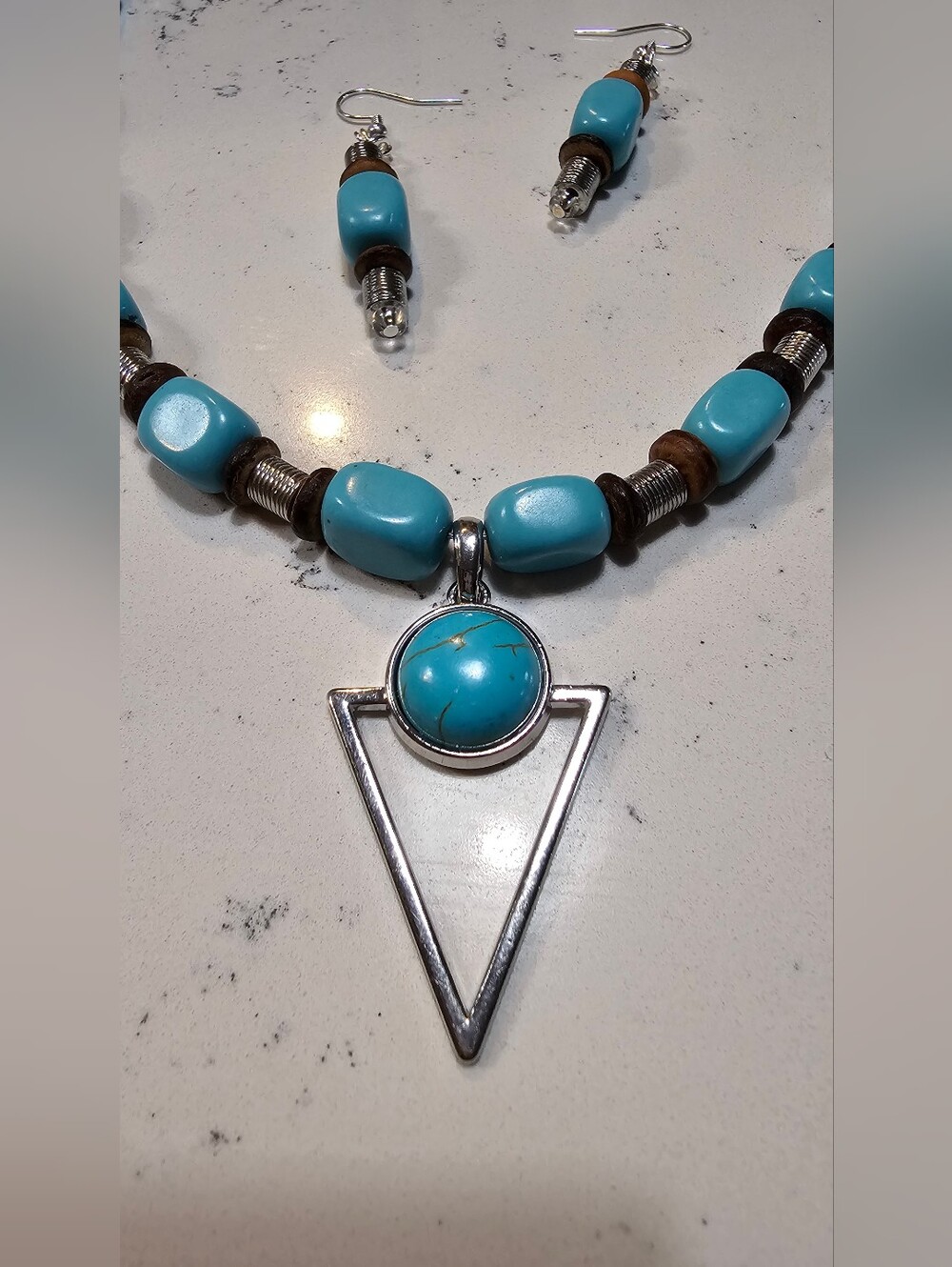 Handmade Turquoise Beaded Triangle Pendant Necklace  And Earrings- Women Jewelry